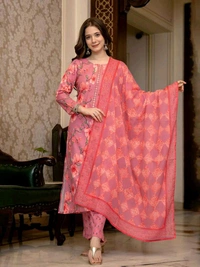 Ahika AHIKA Floral Printed Mirror Work Straight Kurta with Trousers & Dupatta - S
