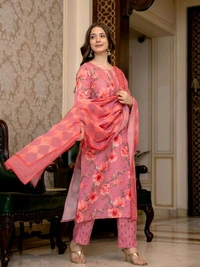 Ahika AHIKA Floral Printed Mirror Work Straight Kurta with Trousers & Dupatta - S