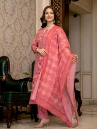 Ahika AHIKA Floral Printed Mirror Work Straight Kurta with Trousers & Dupatta - S
