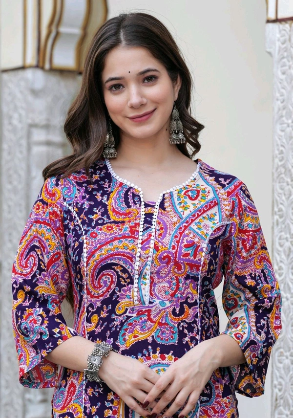 KJFAB Women Printed Pure Cotton Straight Kurta (Purple) - XL
