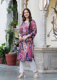 KJFAB Women Printed Pure Cotton Straight Kurta (Purple) - XL
