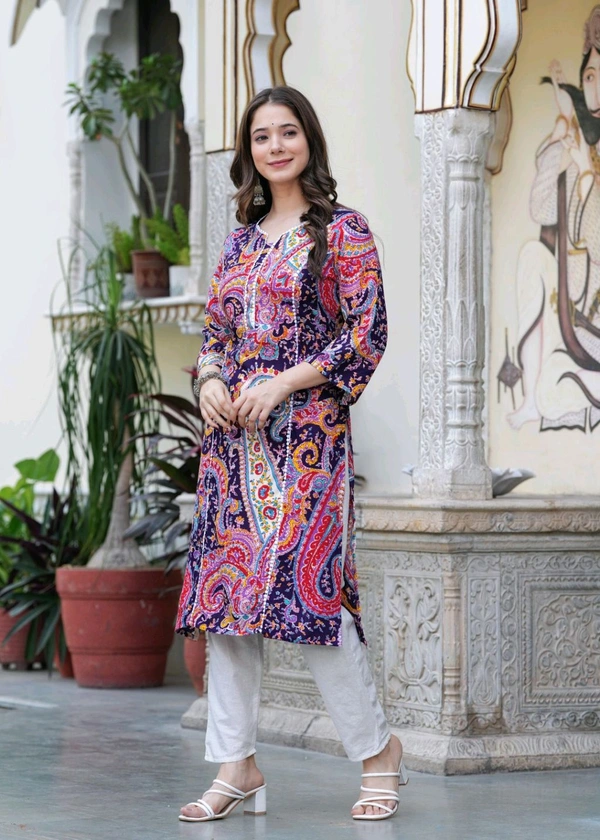 KJFAB Women Printed Pure Cotton Straight Kurta (Purple) - XL