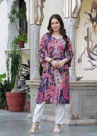 KJFAB Women Printed Pure Cotton Straight Kurta (Purple) - XL