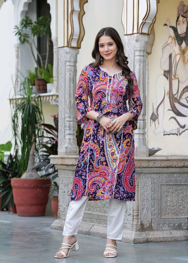 KJFAB Women Printed Pure Cotton Straight Kurta (Purple) - XL