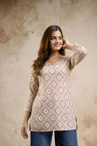 Women Printed Viscose Rayon Straight Kurta (Beige) - M