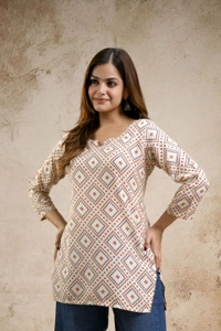Women Printed Viscose Rayon Straight Kurta (Beige) - M