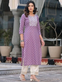 Women Embroidered Pure Cotton Straight Kurta (Purple) - L