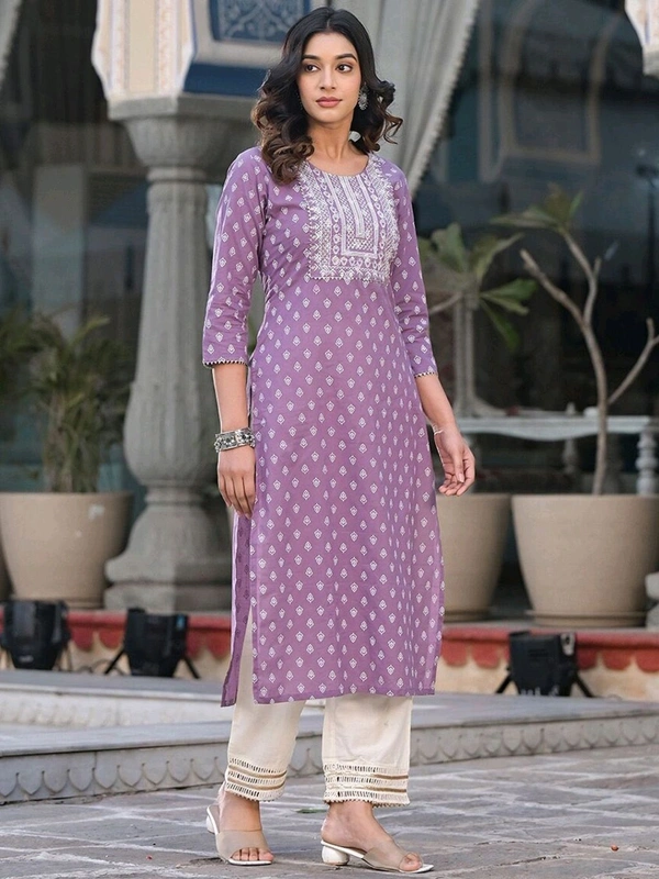 Women Embroidered Pure Cotton Straight Kurta (Purple) - L