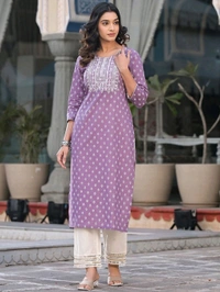 Women Embroidered Pure Cotton Straight Kurta (Purple) - L