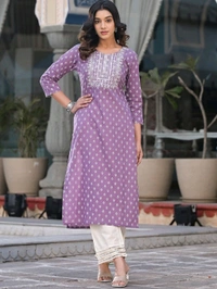 Women Embroidered Pure Cotton Straight Kurta (Purple) - XL