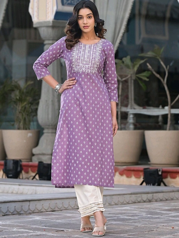 Women Embroidered Pure Cotton Straight Kurta (Purple) - XL
