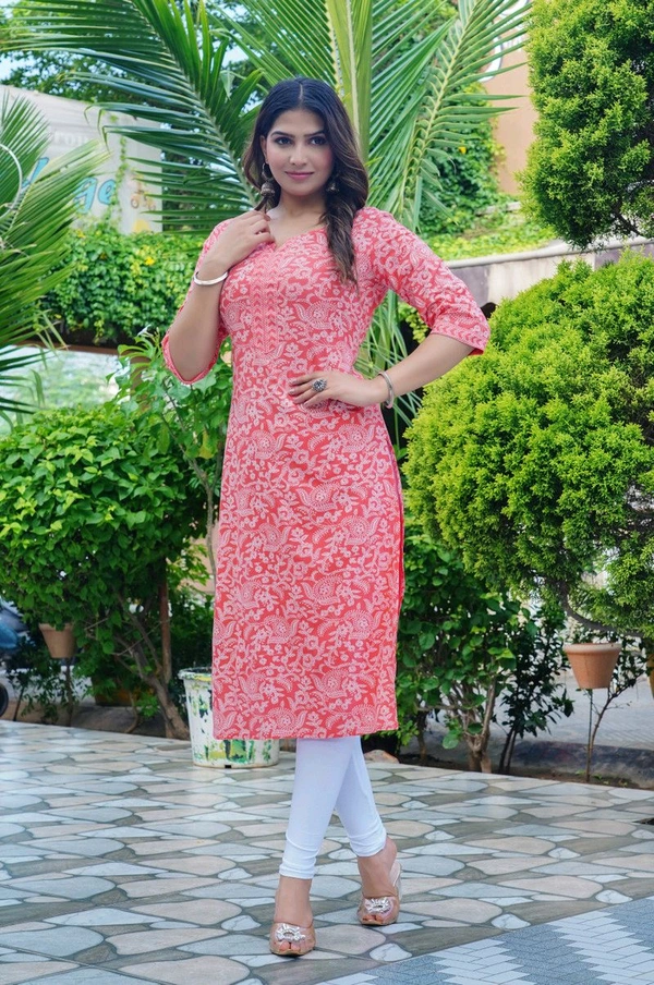 MARKHYA WALA 
Women Printed Cotton Rayon Straight Kurta (Pink) - XS