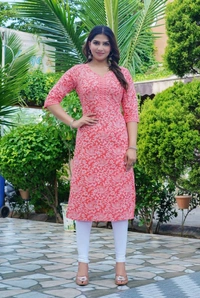 MARKHYA WALA 
Women Printed Cotton Rayon Straight Kurta (Pink) - XS