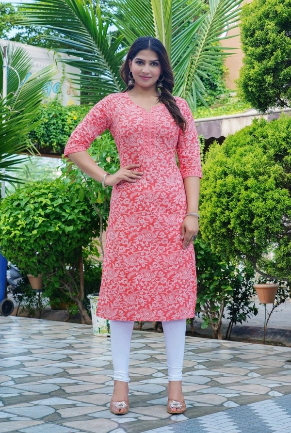 MARKHYA WALA 
Women Printed Cotton Rayon Straight Kurta (Pink) - XS