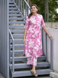 GoSriKi Floral Printed Mandarin Collar A-Line Kurta With Trousers - XL