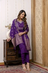 River Of Cloth River of cloth Embroidery Straight Kurta Set Embroidered Kurta, Trouser/Pant & Dupatta Set - XXL