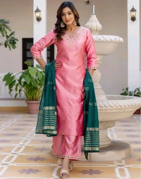 Skylee 
Women Jacquard, Silk Blend Kurta Pant Dupatta Set - M