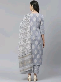 Yuris Women Grey & White Pure Cotton Printed Kurta with Palazzos & Dupatta - M