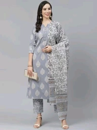 Yuris Women Grey & White Pure Cotton Printed Kurta with Palazzos & Dupatta - L