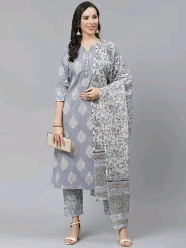Yuris Women Grey & White Pure Cotton Printed Kurta with Palazzos & Dupatta - L