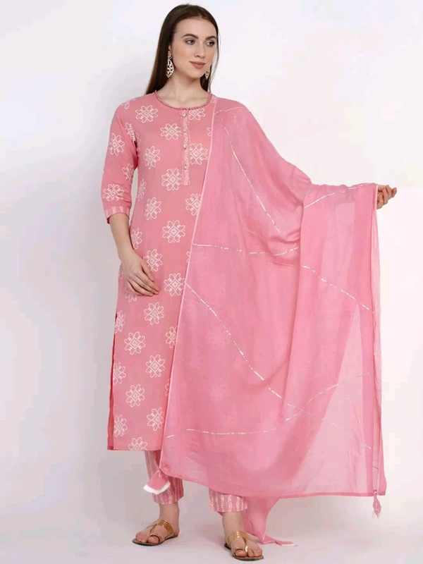 Yuris Women Pink & White Printed Kurta with Palazzos & Dupatta - XL