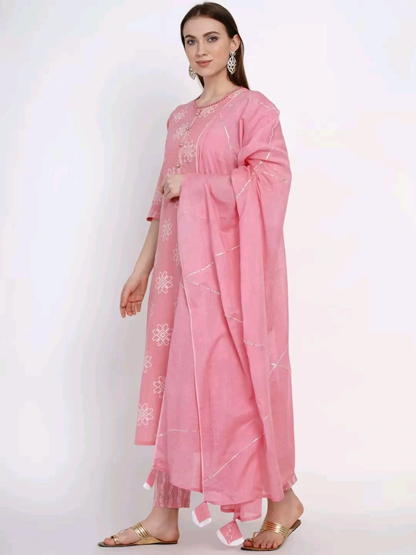 Yuris Women Pink & White Printed Kurta with Palazzos & Dupatta - XL