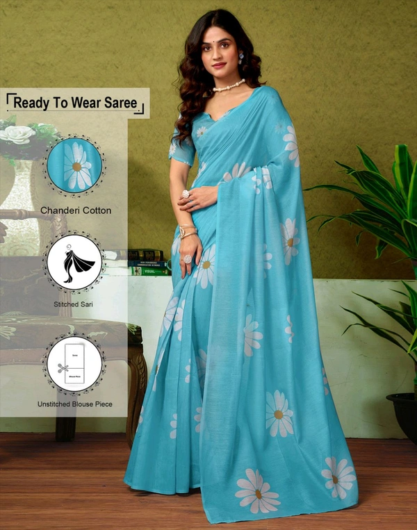 Samah Ready to Wear Floral Print, Geometric Print, Printed Sambalpuri Chanderi, Cotton Blend Saree (Blue)