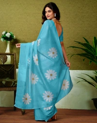 Samah Ready to Wear Floral Print, Geometric Print, Printed Sambalpuri Chanderi, Cotton Blend Saree (Blue)