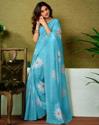 Samah Ready to Wear Floral Print, Geometric Print, Printed Sambalpuri Chanderi, Cotton Blend Saree (Blue)