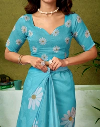 Samah Ready to Wear Floral Print, Geometric Print, Printed Sambalpuri Chanderi, Cotton Blend Saree (Blue)