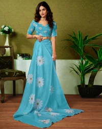 Samah Ready to Wear Floral Print, Geometric Print, Printed Sambalpuri Chanderi, Cotton Blend Saree (Blue)