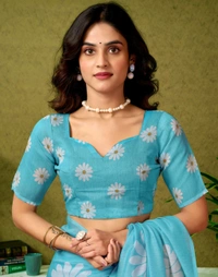 Samah Ready to Wear Floral Print, Geometric Print, Printed Sambalpuri Chanderi, Cotton Blend Saree (Blue)