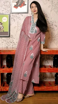 Gosriki Women Cotton Rayon Kurta Pant Dupatta Set - S