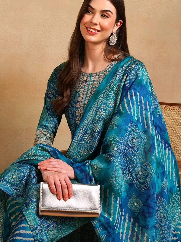KALINI Ethnic Motifs Printed Thread Work Straight Kurta With Trouser & Dupatta - XS