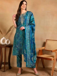 KALINI Ethnic Motifs Printed Thread Work Straight Kurta With Trouser & Dupatta - XS