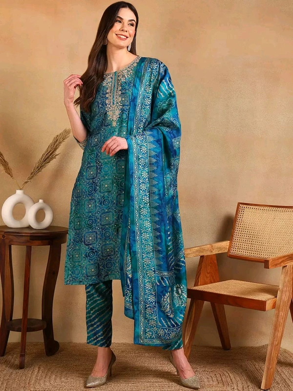 KALINI Ethnic Motifs Printed Thread Work Straight Kurta With Trouser & Dupatta - XS