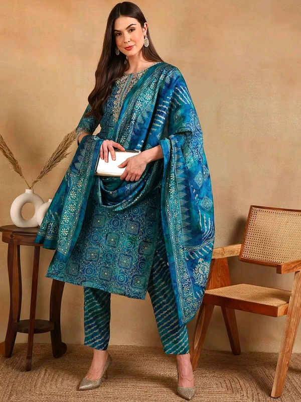 KALINI Ethnic Motifs Printed Thread Work Straight Kurta With Trouser & Dupatta - XS