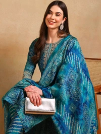 KALINI Ethnic Motifs Printed Thread Work Straight Kurta With Trouser & Dupatta - XS