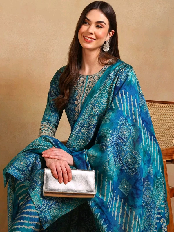 KALINI Ethnic Motifs Printed Thread Work Straight Kurta With Trouser & Dupatta - XS
