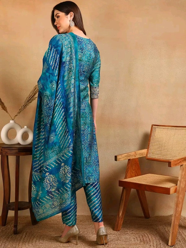KALINI Ethnic Motifs Printed Thread Work Straight Kurta With Trouser & Dupatta - XS