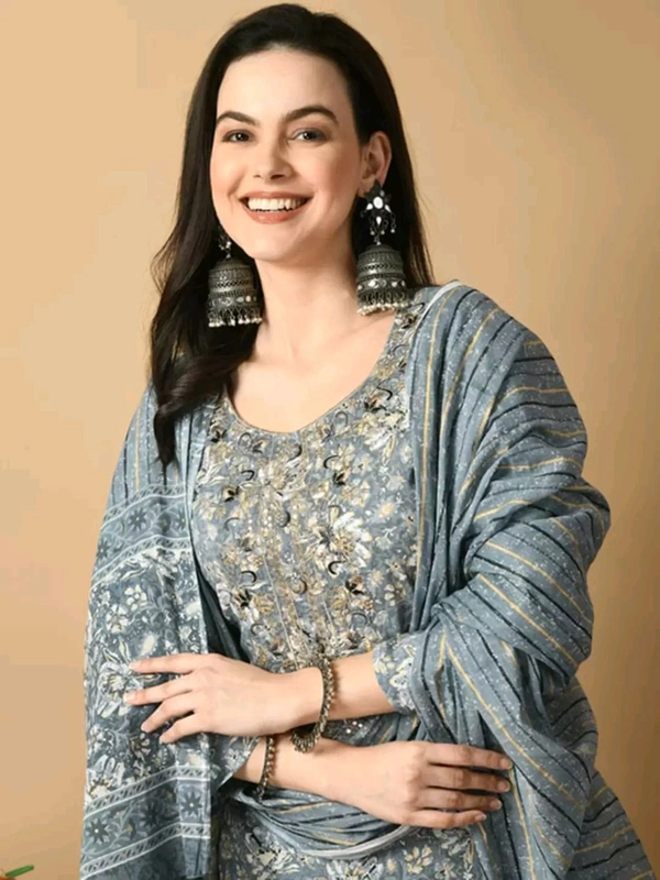 AVYCO Floral Printed Pure Cotton Kurta with Trousers & With Dupatta - M