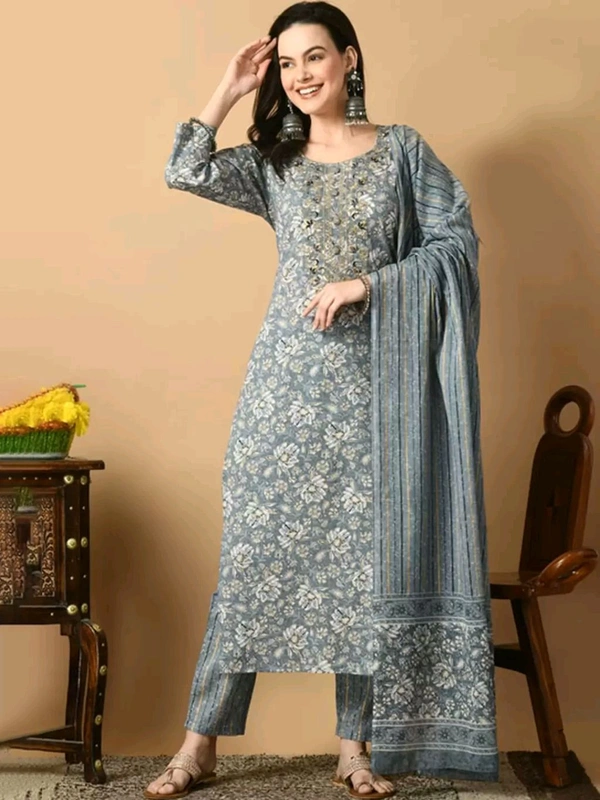 AVYCO Floral Printed Pure Cotton Kurta with Trousers & With Dupatta - M