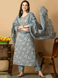 AVYCO Floral Printed Pure Cotton Kurta with Trousers & With Dupatta - M