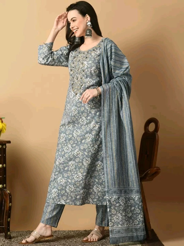 AVYCO Floral Printed Pure Cotton Kurta with Trousers & With Dupatta - M