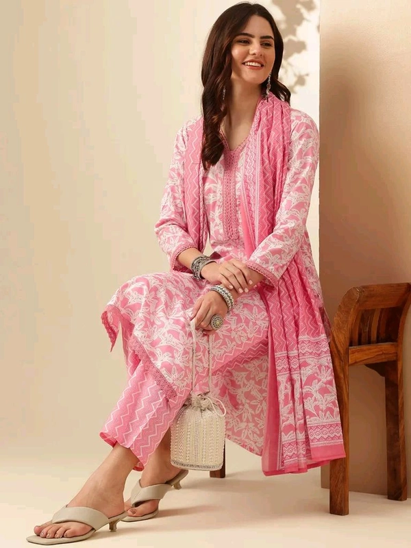 Anouk Rustic Pink Floral Printed Regular Thread Work Pure Cotton Kurta With Trousers & Dupatta - S