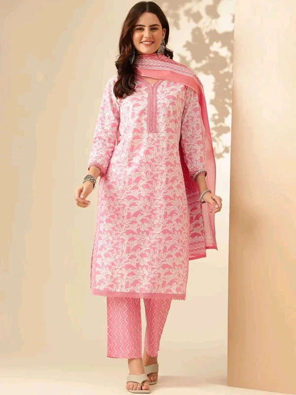 Anouk Rustic Pink Floral Printed Regular Thread Work Pure Cotton Kurta With Trousers & Dupatta - S
