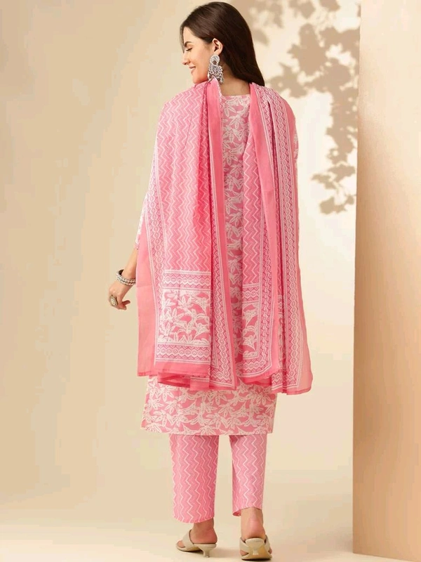 Anouk Rustic Pink Floral Printed Regular Thread Work Pure Cotton Kurta With Trousers & Dupatta - S