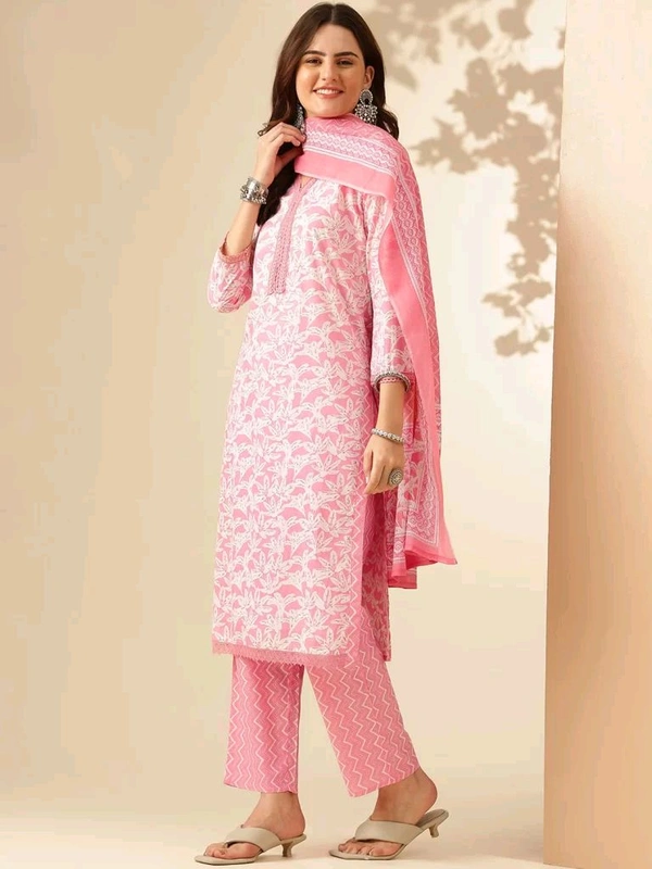 Anouk Rustic Pink Floral Printed Regular Thread Work Pure Cotton Kurta With Trousers & Dupatta - 3XL