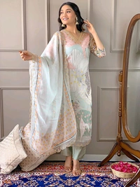 JAPNAAM Embroidered Kurta, Trouser/Pant & Dupatta Set - L
