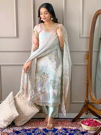 JAPNAAM Embroidered Kurta, Trouser/Pant & Dupatta Set - L